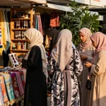 Women exploring a hijab store's vibrant collection of hijabs and accessories in an urban market.