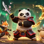 Experience the dynamic energy of NK88 with a samurai panda and ninja fox in a thrilling gambling scene.