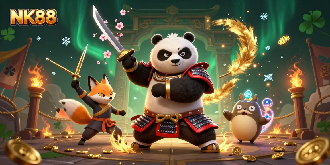Experience the dynamic energy of NK88 with a samurai panda and ninja fox in a thrilling gambling scene.