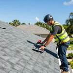 Roof replacement in Tampa with a contractor inspecting asphalt shingles at a home, showcasing expertise in roofing services.