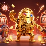 Spin the reels with 11WIN's vibrant 3D golden golem amidst lively slot game elements.