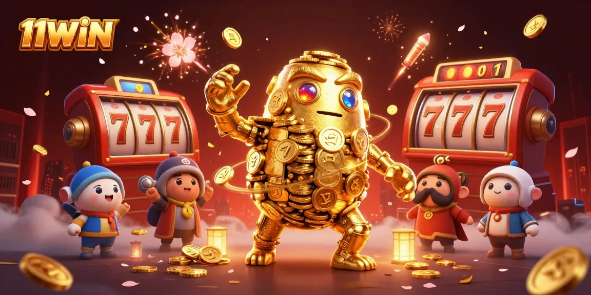Spin the reels with 11WIN's vibrant 3D golden golem amidst lively slot game elements.
