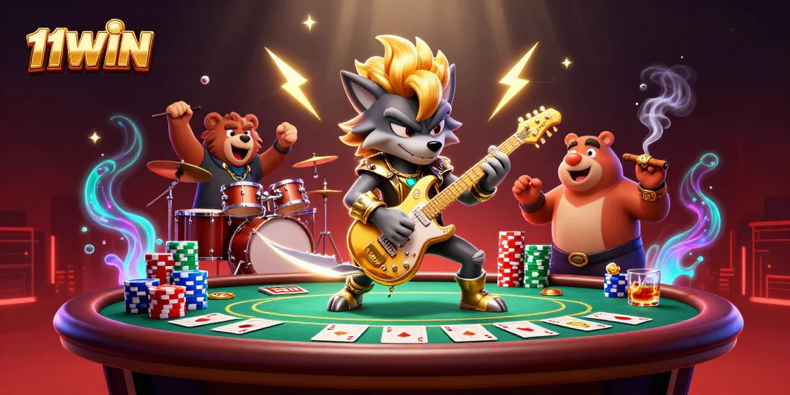Join the excitement at 11WIN with a thrilling casino scene featuring vibrant characters and poker elements.