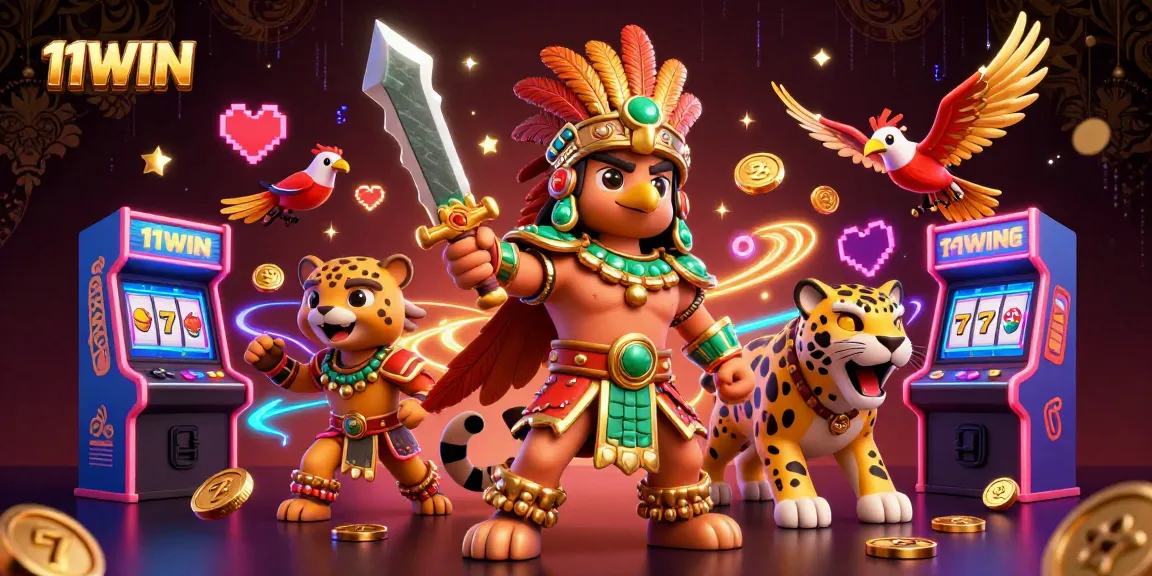 Engage with thrilling 11WIN games and colorful 3D casino elements in this dynamic illustration.