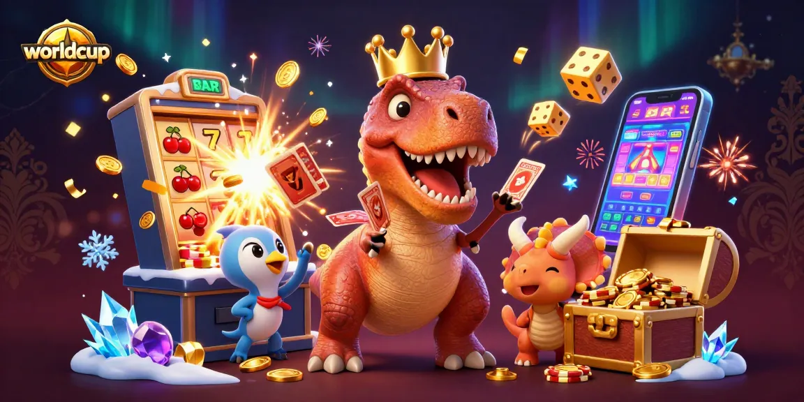 Experience the excitement of the worldcup with a colorful scene of a T-Rex and friends in a casino.