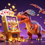 worldcup jackpot celebration with cartoon dinosaurs and casino elements in a vibrant gaming scene