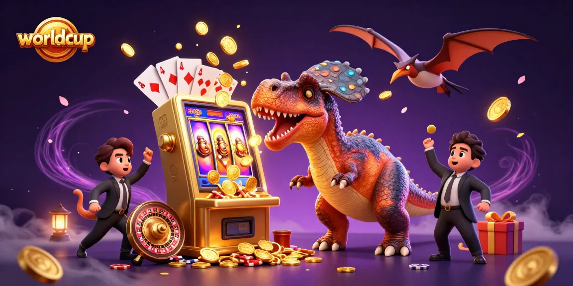 worldcup jackpot celebration with cartoon dinosaurs and casino elements in a vibrant gaming scene