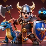 Engaging scene showcasing keo nha cai with Viking warrior, dragon, and glowing arcade elements for online betting.