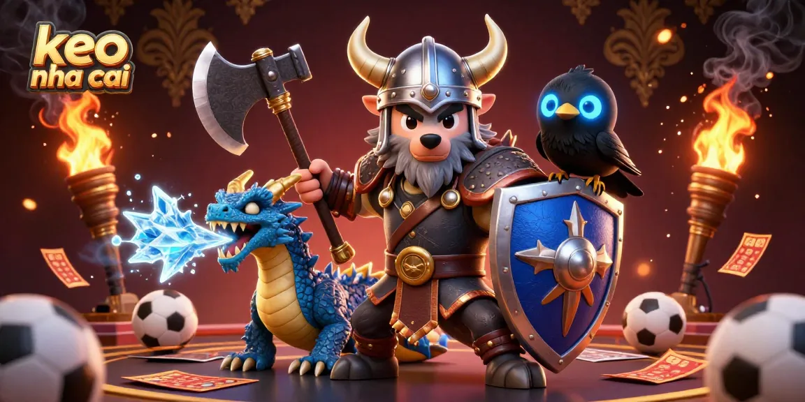 Engaging scene showcasing keo nha cai with Viking warrior, dragon, and glowing arcade elements for online betting.