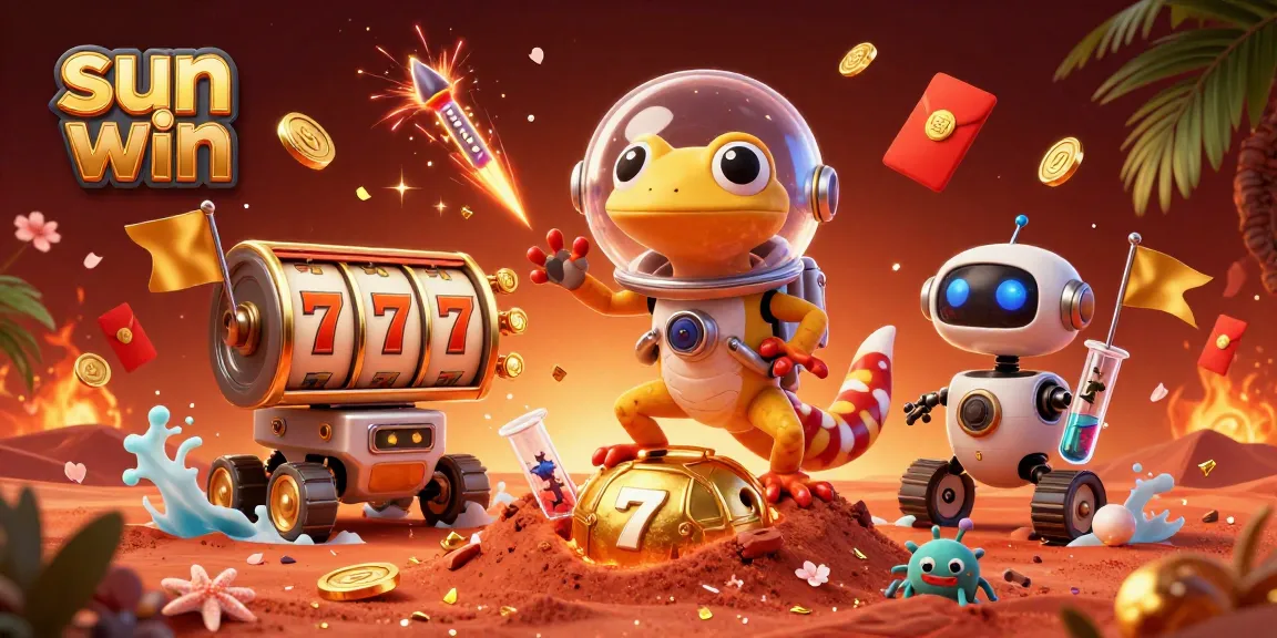 Experience sun win excitement with a Martian gecko discovering a golden casino in vibrant 3D
