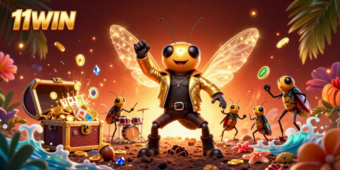 11WIN buzzes with excitement in a colorful 3D casino scene filled with animated slot elements.