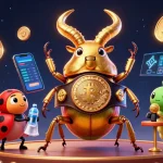 Engage with 11WIN's 3D casino scene featuring a boxing stag beetle and glowing cryptocurrency elements.