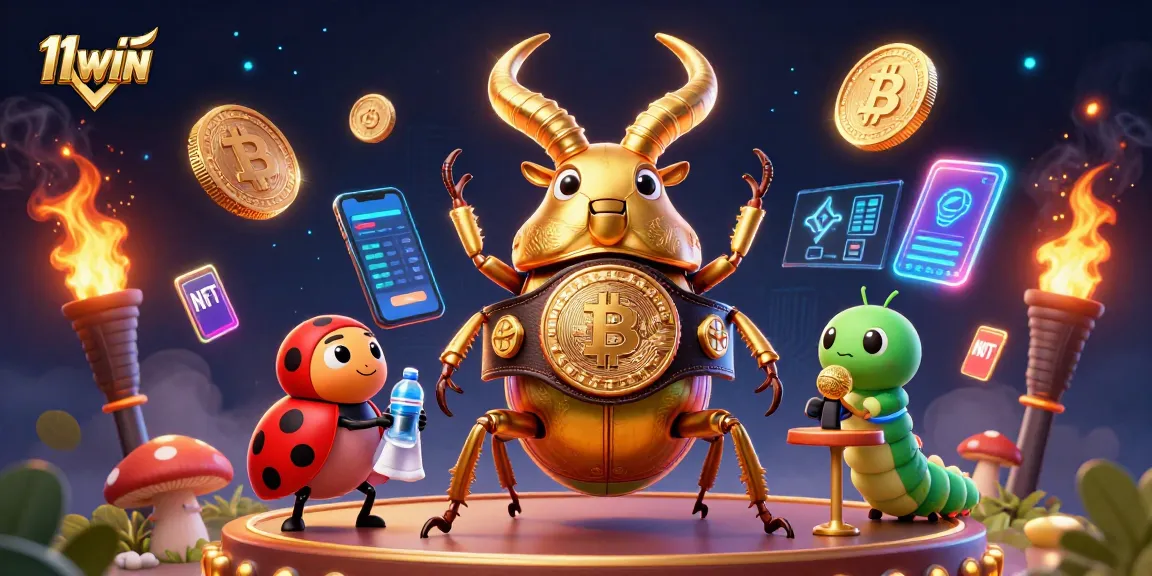 Engage with 11WIN's 3D casino scene featuring a boxing stag beetle and glowing cryptocurrency elements.