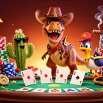 Engage with 11WIN while enjoying a lively poker scene featuring a T-Rex and vibrant casino elements.