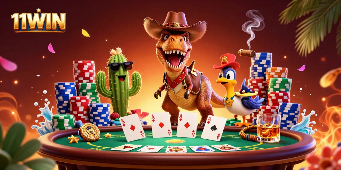 Engage with 11WIN while enjoying a lively poker scene featuring a T-Rex and vibrant casino elements.