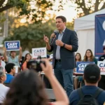 Casey Askar engaging with supporters at a political rally, showcasing community involvement and political energy.